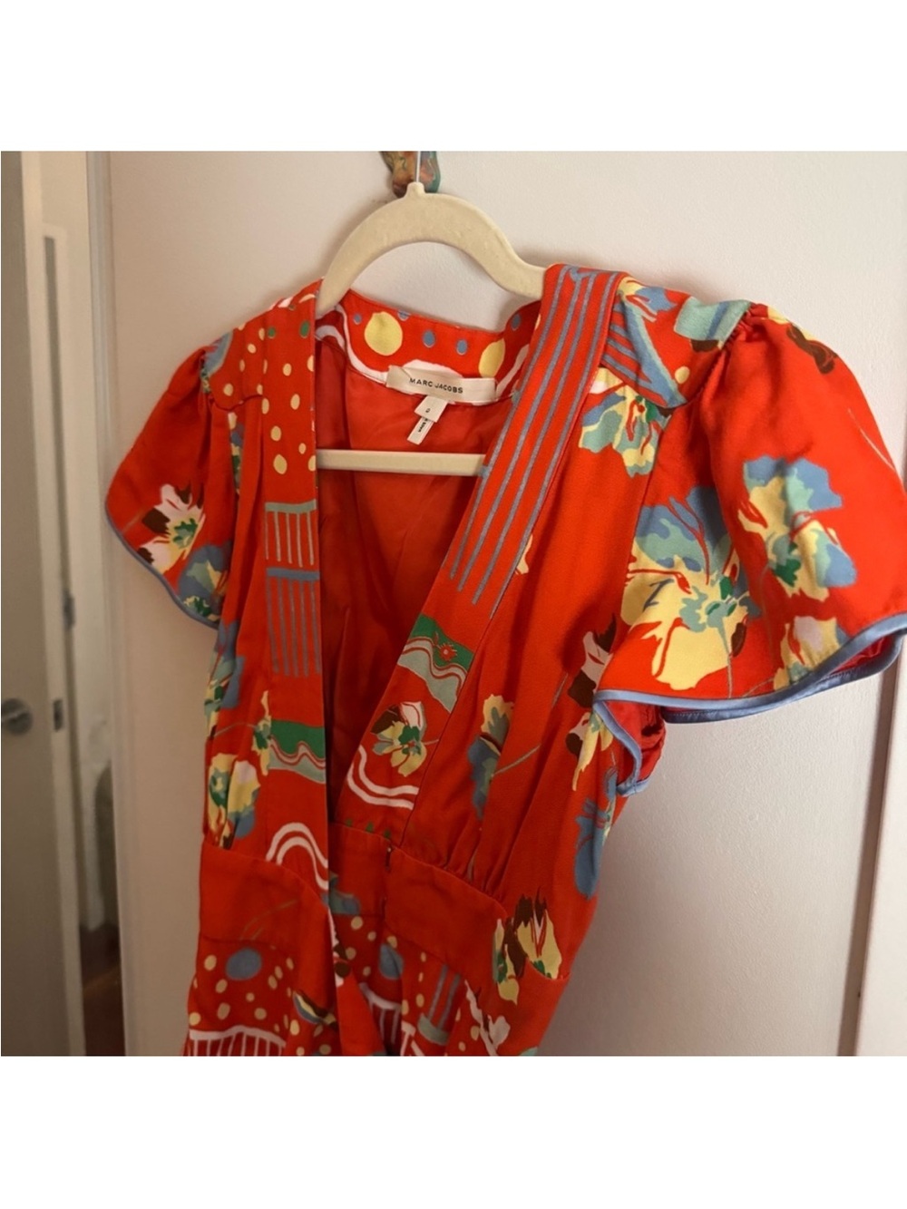 Marc Jacobs Silk Mixed Print Wrap Midi Dress | Orange (Size 0) - Picture 3 of 5